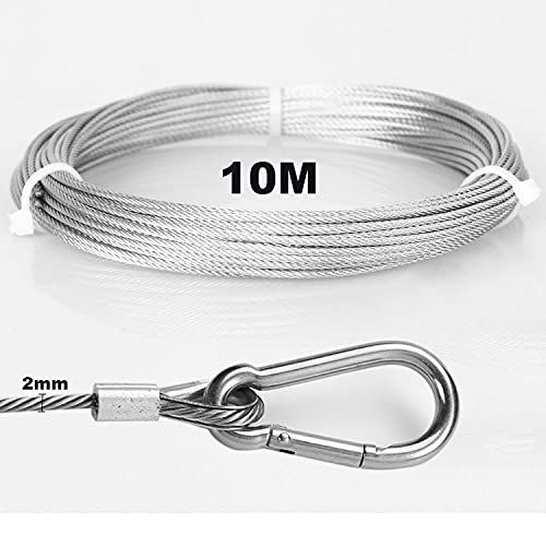 BuxiuGK 1 Rollo 10 Metros Cuerda Cable de Acero Inoxidable de 2mm,10 lazos de engarzado de aluminio y dedales de cuerda de alambre M2 para Exteriores