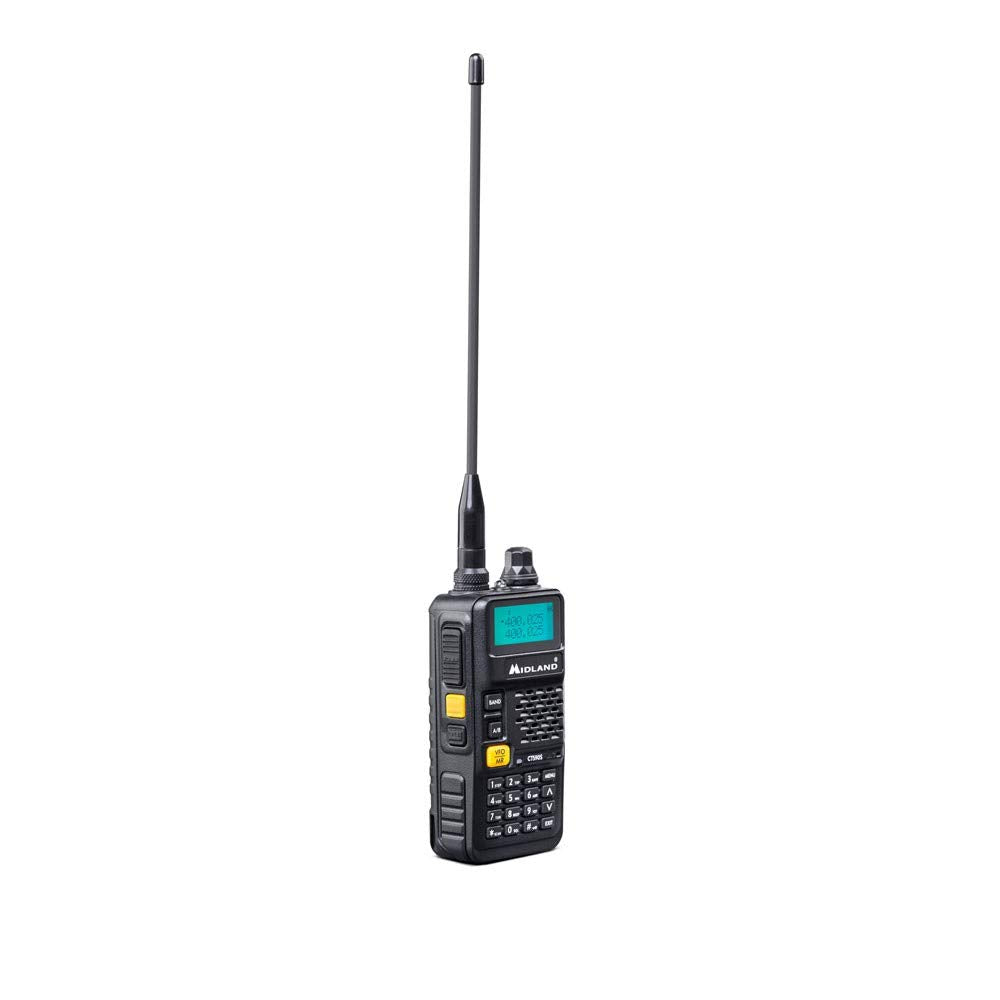 Midland CT590 S Transceptor Radioaficionado VHF de Doble Banda 128 Canales Memorables -Transceptor, Antena, Batería de 1500mAh 7.4V, Cargador de Sobremesa y Adaptador Pared, negro