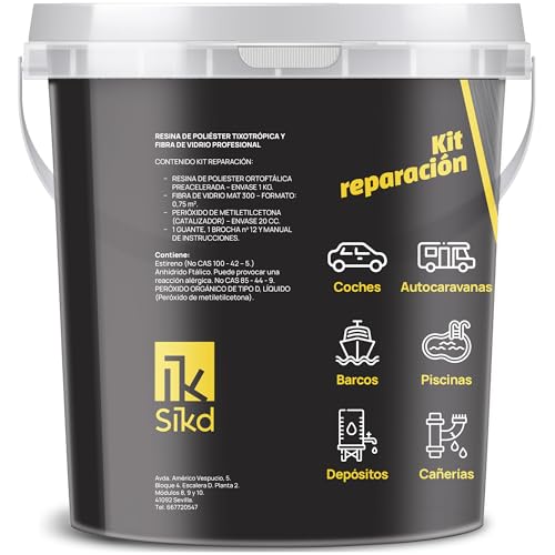 Sikd - Fibra de Vidrio y Resina de Poliéster 1kg. Kit Reparación fibra de vidrio con lija. Embarcaciones, Piscinas, Depósitos, Caravanas, Tuberías, Carrocerías Coches, Motos, Esculturas, Moldes