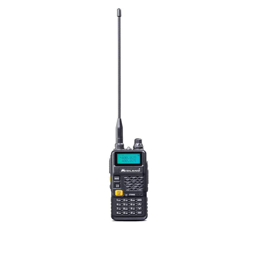 Midland CT590 S Transceptor Radioaficionado VHF de Doble Banda 128 Canales Memorables -Transceptor, Antena, Batería de 1500mAh 7.4V, Cargador de Sobremesa y Adaptador Pared, negro