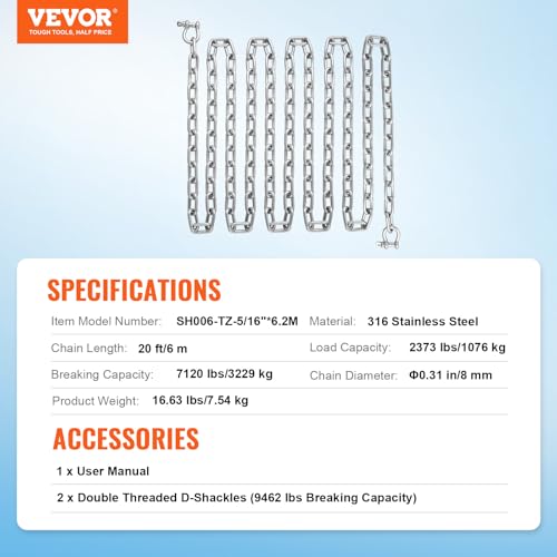 VEVOR Cadena de ancla 20' x 5/16" cadena de acero inoxidable grillete de cadena de ancla de 3/8" carga de 7120 libras rotura de grillete de cadena de ancla 9460 libras cadena de ancla para boa pequeña