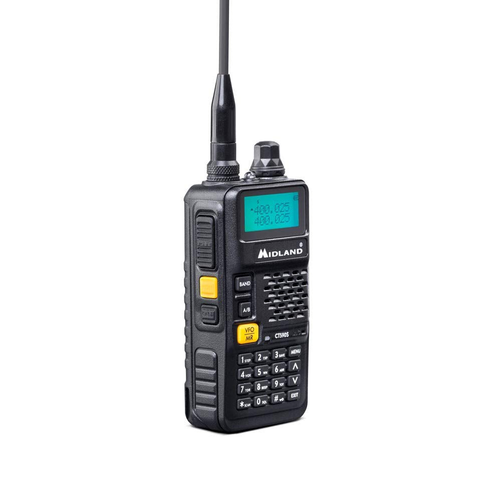 Midland CT590 S Transceptor Radioaficionado VHF de Doble Banda 128 Canales Memorables -Transceptor, Antena, Batería de 1500mAh 7.4V, Cargador de Sobremesa y Adaptador Pared, negro