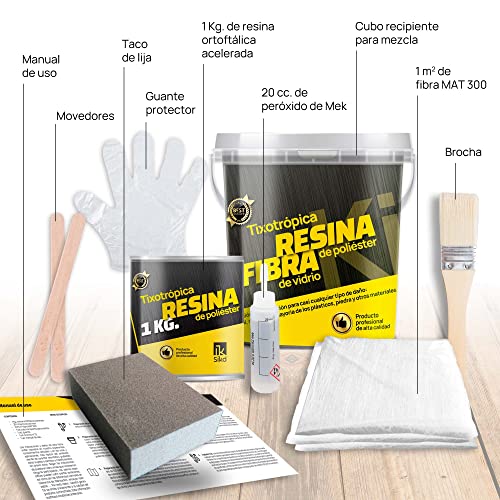 Sikd - Fibra de Vidrio y Resina de Poliéster 1kg. Kit Reparación fibra de vidrio con lija. Embarcaciones, Piscinas, Depósitos, Caravanas, Tuberías, Carrocerías Coches, Motos, Esculturas, Moldes