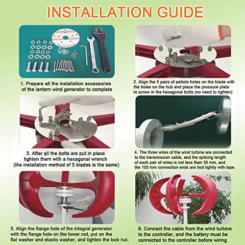 Aerogenerador 3000W Generador Viento,Turbina Eólica Vertical Kit con Controlador 5 Cuchillas Ajuste Automático De Dirección Viento,Para Barcos Terrazas Cabañas O Hogar,White-24V