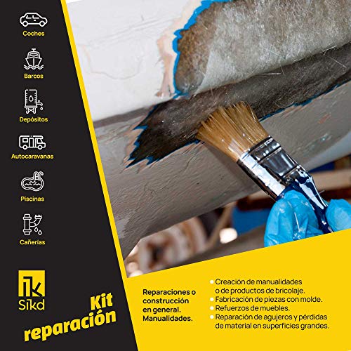 Sikd - Fibra de Vidrio y Resina de Poliéster 1kg. Kit Reparación fibra de vidrio con lija. Embarcaciones, Piscinas, Depósitos, Caravanas, Tuberías, Carrocerías Coches, Motos, Esculturas, Moldes