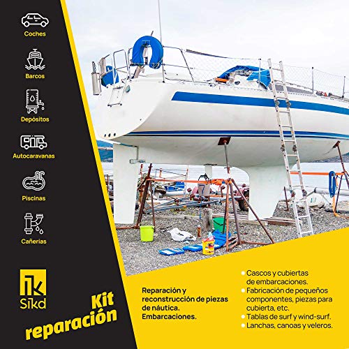 Sikd - Fibra de Vidrio y Resina de Poliéster 1kg. Kit Reparación fibra de vidrio con lija. Embarcaciones, Piscinas, Depósitos, Caravanas, Tuberías, Carrocerías Coches, Motos, Esculturas, Moldes