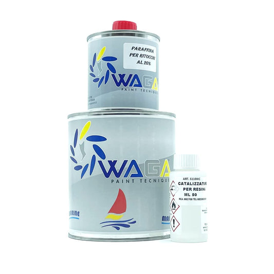 Waga Paint Tecniques - Gelcoat blanco náutica - Pintura de poliéster para fibra de vidrio 750 ml RAL 9016 NPG con catalizador de resina de 50 ml y parafina para retoques de 200 ml