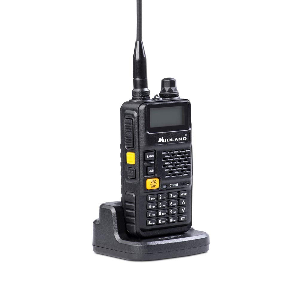 Midland CT590 S Transceptor Radioaficionado VHF de Doble Banda 128 Canales Memorables -Transceptor, Antena, Batería de 1500mAh 7.4V, Cargador de Sobremesa y Adaptador Pared, negro