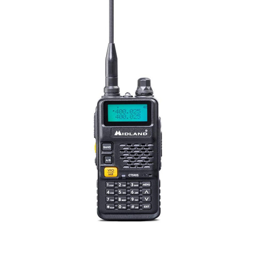 Midland CT590 S Transceptor Radioaficionado VHF de Doble Banda 128 Canales Memorables -Transceptor, Antena, Batería de 1500mAh 7.4V, Cargador de Sobremesa y Adaptador Pared, negro