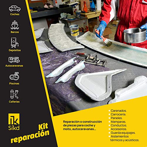 Sikd - Fibra de Vidrio y Resina de Poliéster 1kg. Kit Reparación fibra de vidrio con lija. Embarcaciones, Piscinas, Depósitos, Caravanas, Tuberías, Carrocerías Coches, Motos, Esculturas, Moldes