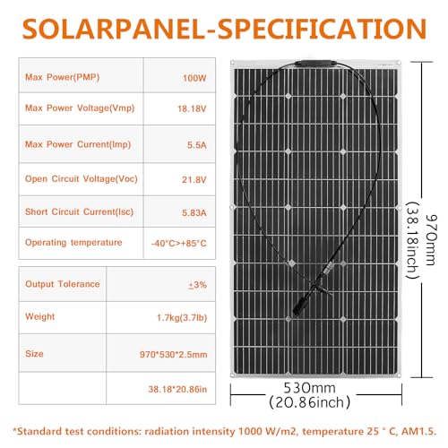 Aysolar Placa Solar Flexible 100W 12V Panel Solar Monocristalino Fotovoltaico Impermeable para Autocaravana Caravana Barcos Techos Casa Remolques Cargar 12V Bateria y Superficies Irregulares