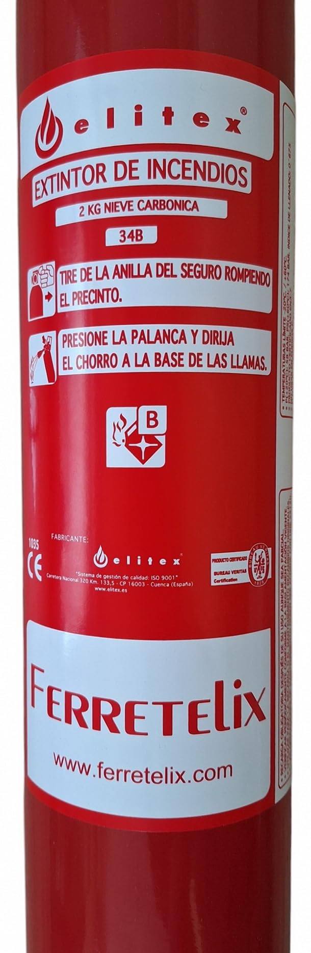 Ferretelix. Extintor CO2 2 kg dioxido de carbono ALTA EFICACIA 34B incluye soporte de pared (no deja residuos) FECHA DE FABRICACION 2024