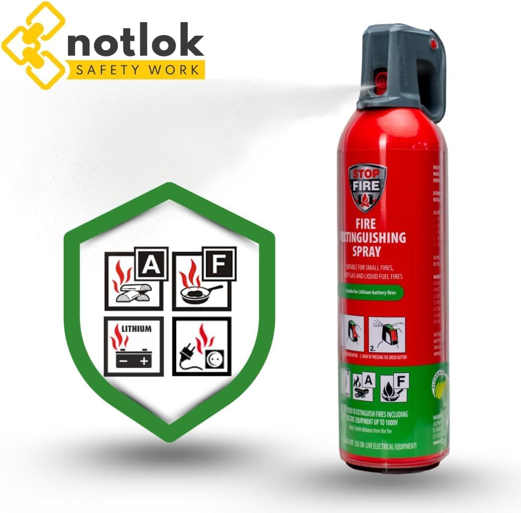 notlok Safety Work - 750g extintor para Incendios eléctricos | extintor Spray A F + baterías de Litio y baterías de Coche | extintor de Grasa, extintor hogar, extintor Coche extintor Espuma