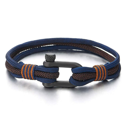 COOLSTEELANDBEYOND Acero Tornillo Grillete del Ancla, Hombre Mujer Pulsera del Marino Azul Marrón Abrigo Cuerda, Náutico Marinero