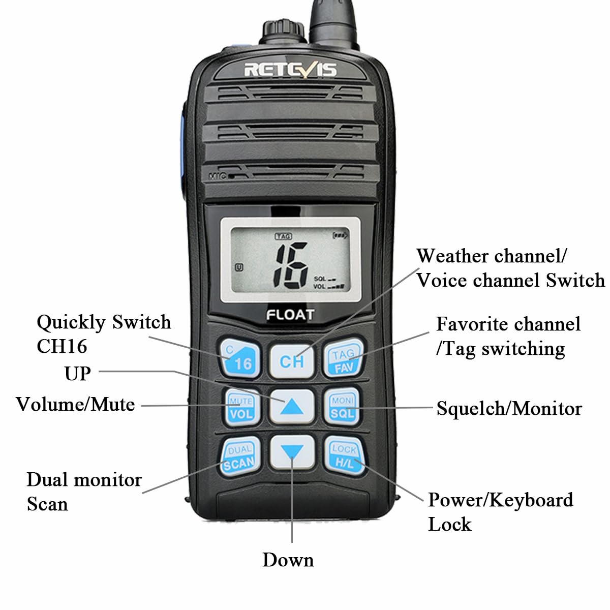 Retevis RT55 Radio VHF Portátil, Walkie Talkie Marino IP67, Radio Portátil Impermeable con Vibración, Radio de Frecuencia Muy Alta con Canal Marino Internacional Equipo Marino(Negro, 1 Pieza)