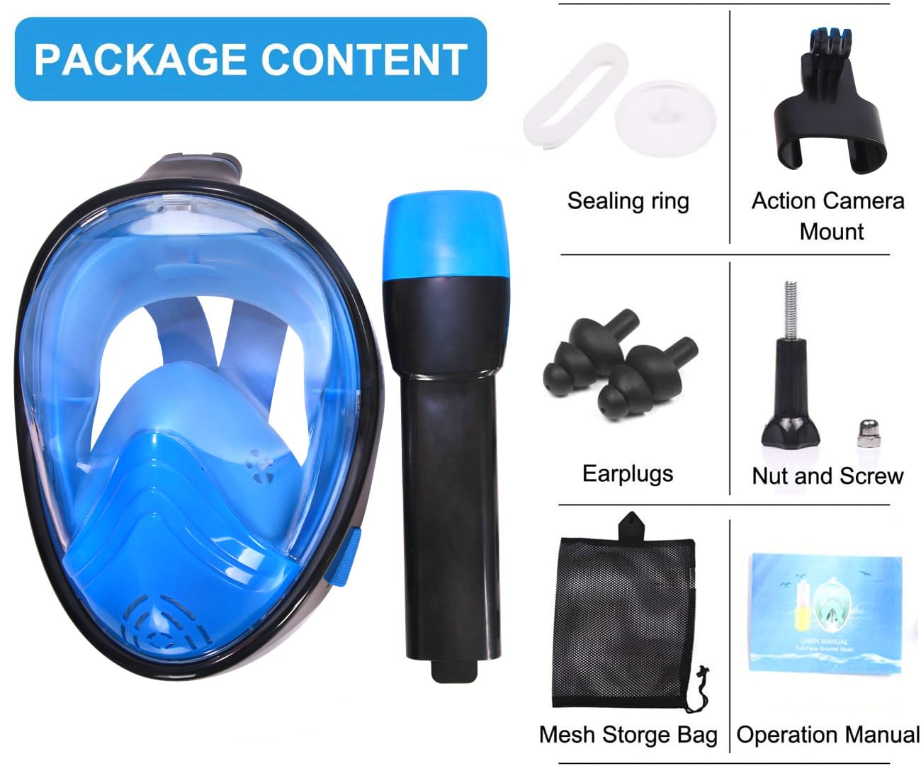 Wsobue Máscara de Buceo, Gafas Snorkel 180° Panorámica Vista Anti-Niebla Apoyo Camara Deportiva, Anti-Fugas Máscara de Snorkel para Adultos y niños (Negro)