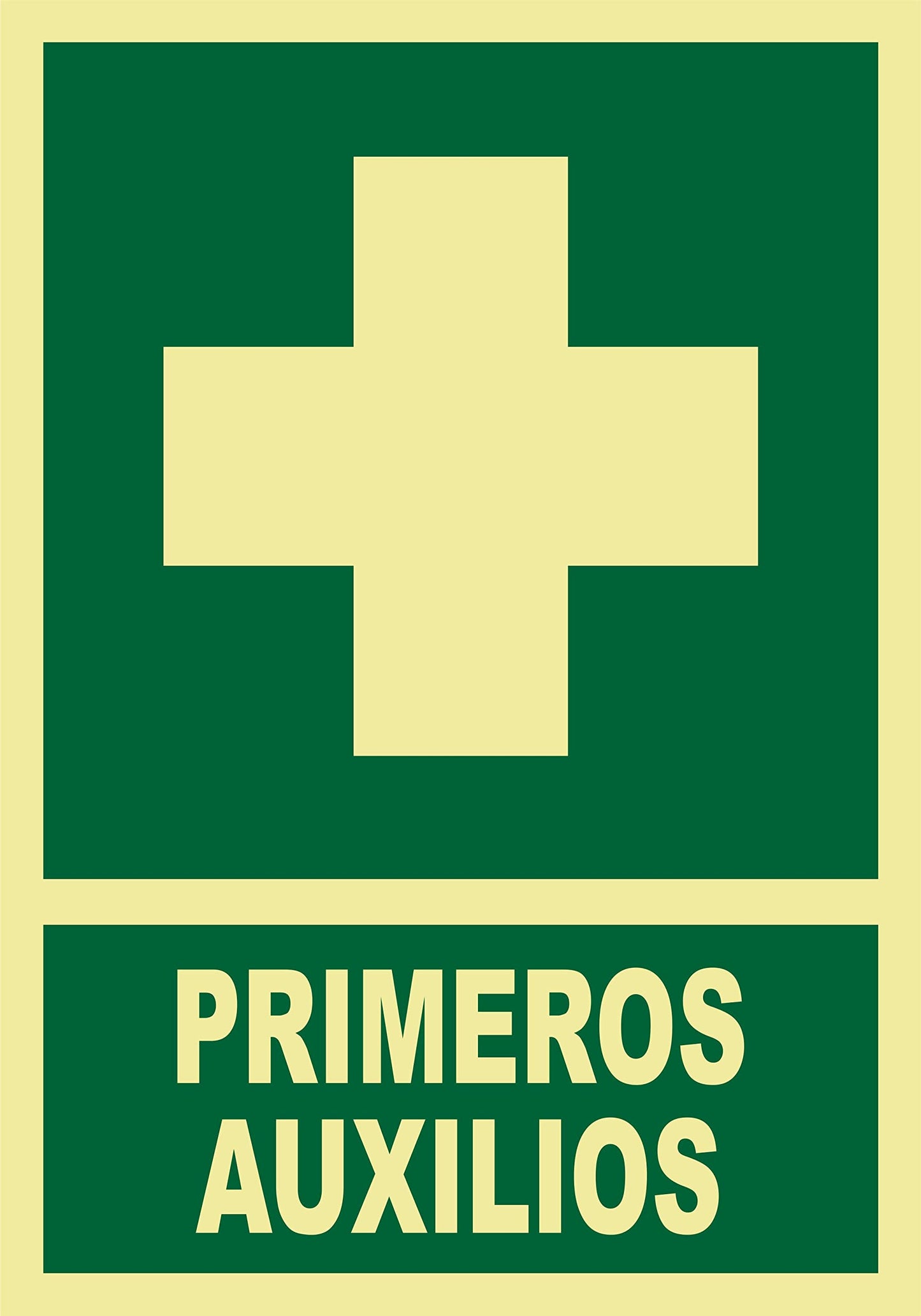 Seribas Señal Primeros Auxilios, Fotoluminiscente Clase B, Cartel PVC 0,7 mm. Tamaño A4 21 x 30 cm, Homologada, Señal Evacuación, Emergencia.