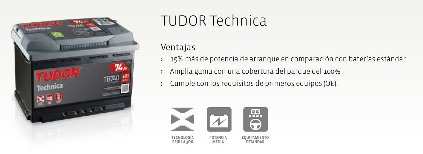 Batería de coche, Tudor, TB740, bateria de plomo y acido, 74Ah, 680A, Technica, Para vehiculos sin sistema Start-Stop, automovil de turismo