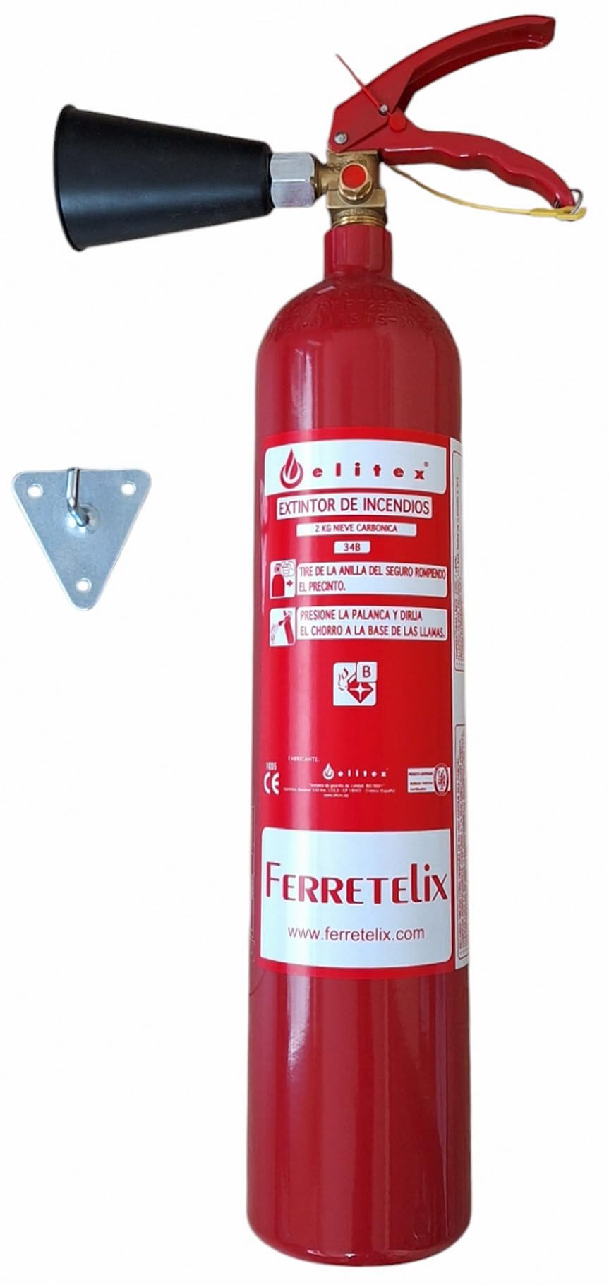 Ferretelix. Extintor CO2 2 kg dioxido de carbono ALTA EFICACIA 34B incluye soporte de pared (no deja residuos) FECHA DE FABRICACION 2024