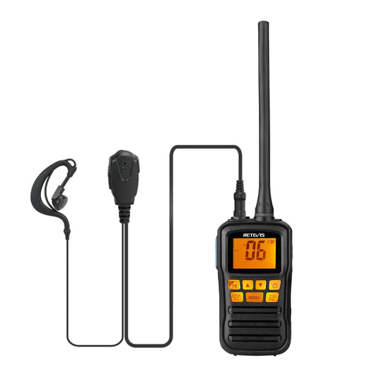 Retevis RM01 VHF Marino Portatil, IP67 Walkie Talkie Impermeable, Vibración Transceptor de Barco Flotante, Radio Marina con Auricular para Barcos, Kayak, Pesca (Negro, 1 Pieza)