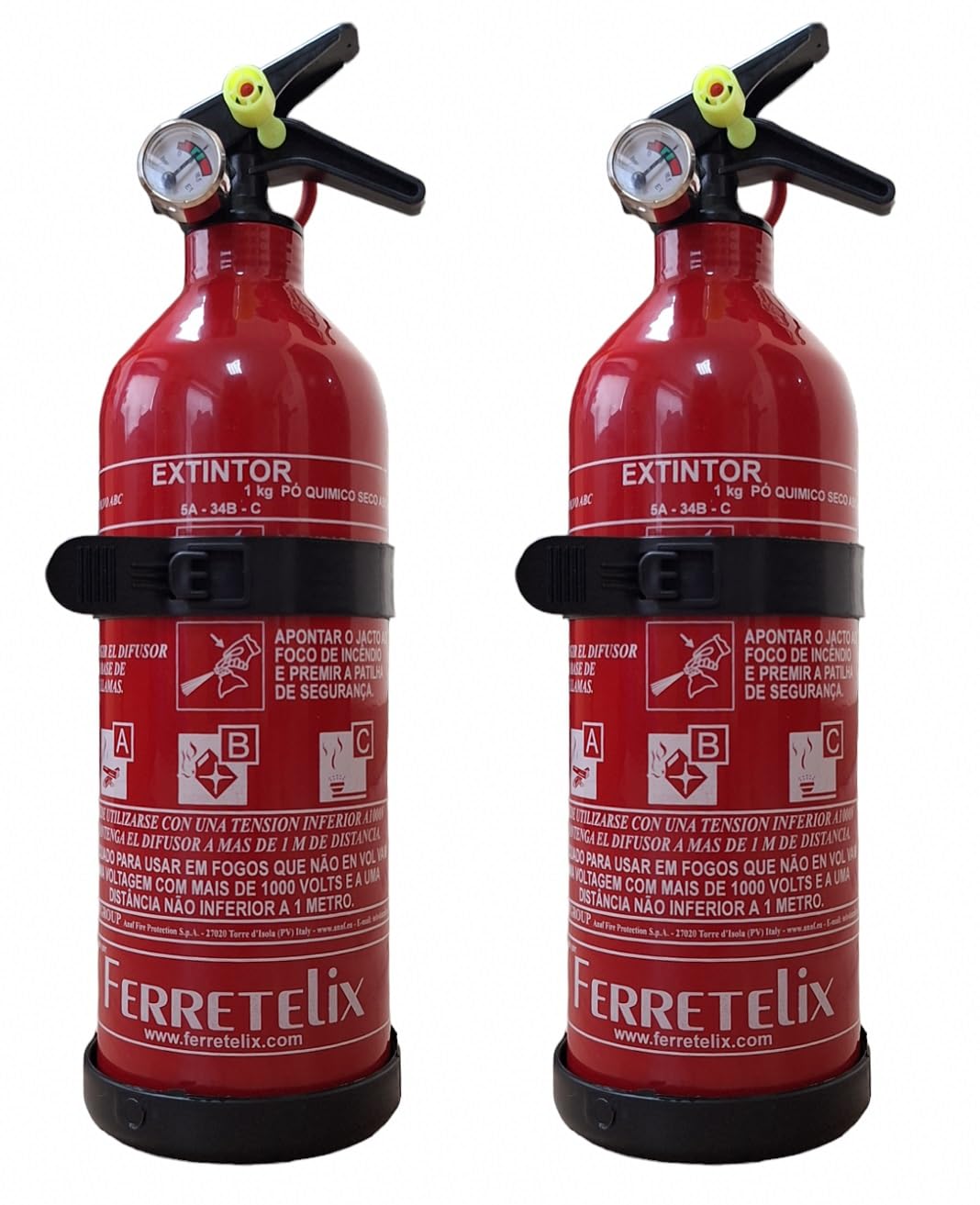 Ferretelix® Extintor 1 kg ABC (2 Unidades). Incluye Soporte de Montaje, para Coche, casa, Caravana, Oficina, Barbacoa, Barco