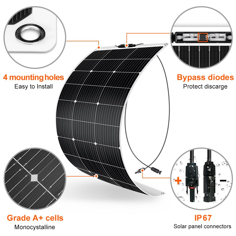 DOKIO 4PC Panel Solar Flexible 100W 18V ETFE Monocristalino Fotovoltaico para cargar baterías de 12V, para Autocaravana, Caravana, Barcos, Techos, Camping, Superficies irregulares