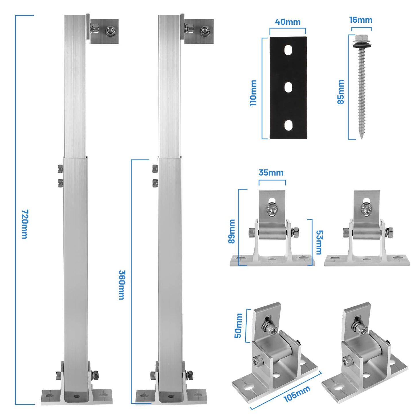 Soporte para Panel Solar,1 Pares de Soporte para Panel Solar de Suelo de Aluminio con áNgulo Ajustable de 15°-30°, Adecuado para Barcos, Autocaravanas, Sistemas de Techo Fuera de La Red