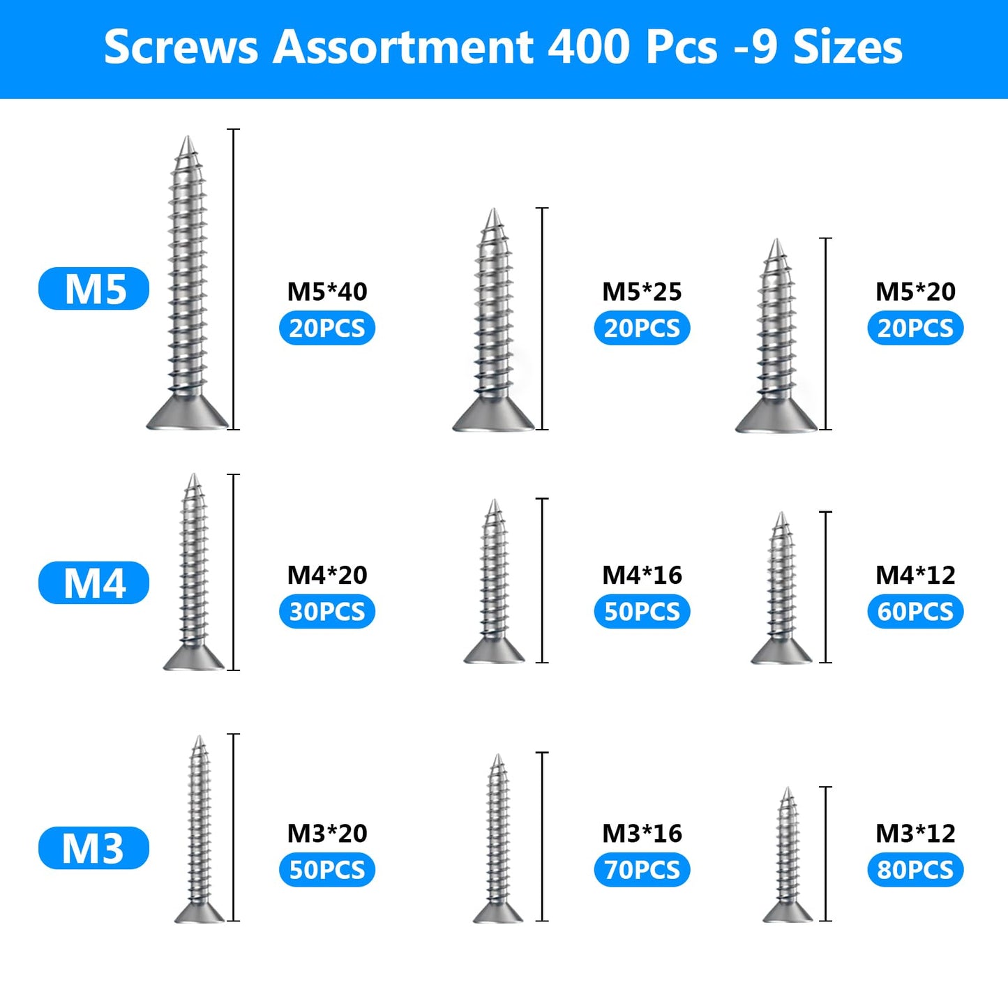 Juego de 400 tornillos autorroscantes de acero inoxidable, tornillos para madera, tornillos de cabeza plana, tornillos autorroscantes surtidos, tornillos de acero inoxidable, juego de tornillos de