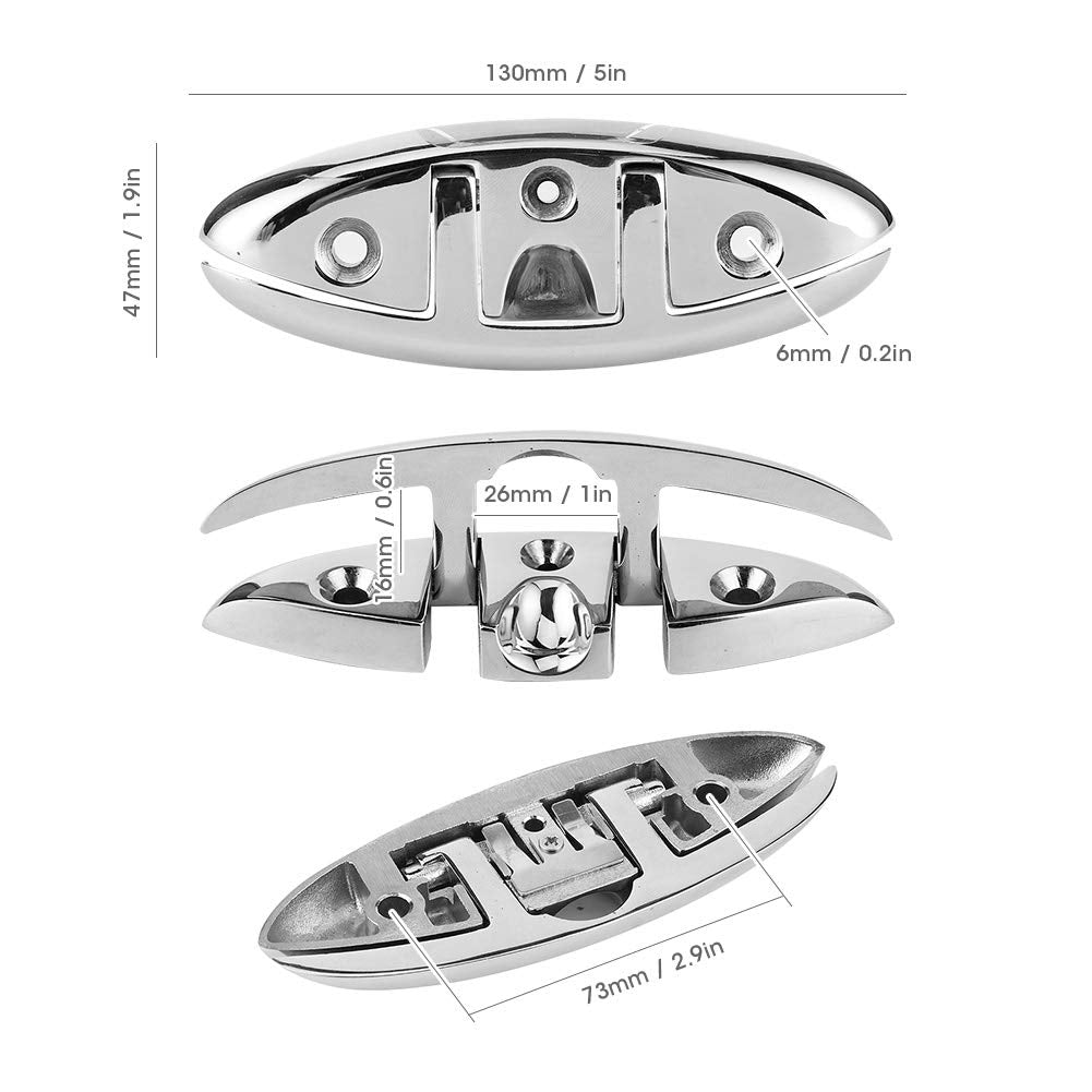 Cornamusas Marinas Plegables de Acero Inoxidable 316 de 5" Cornamusas Plegables, Herrajes de Cubierta de Muelle de Acero Inoxidable Cornamusas de Montaje Empotrado con Tapa Marina Líneas de Amarre con