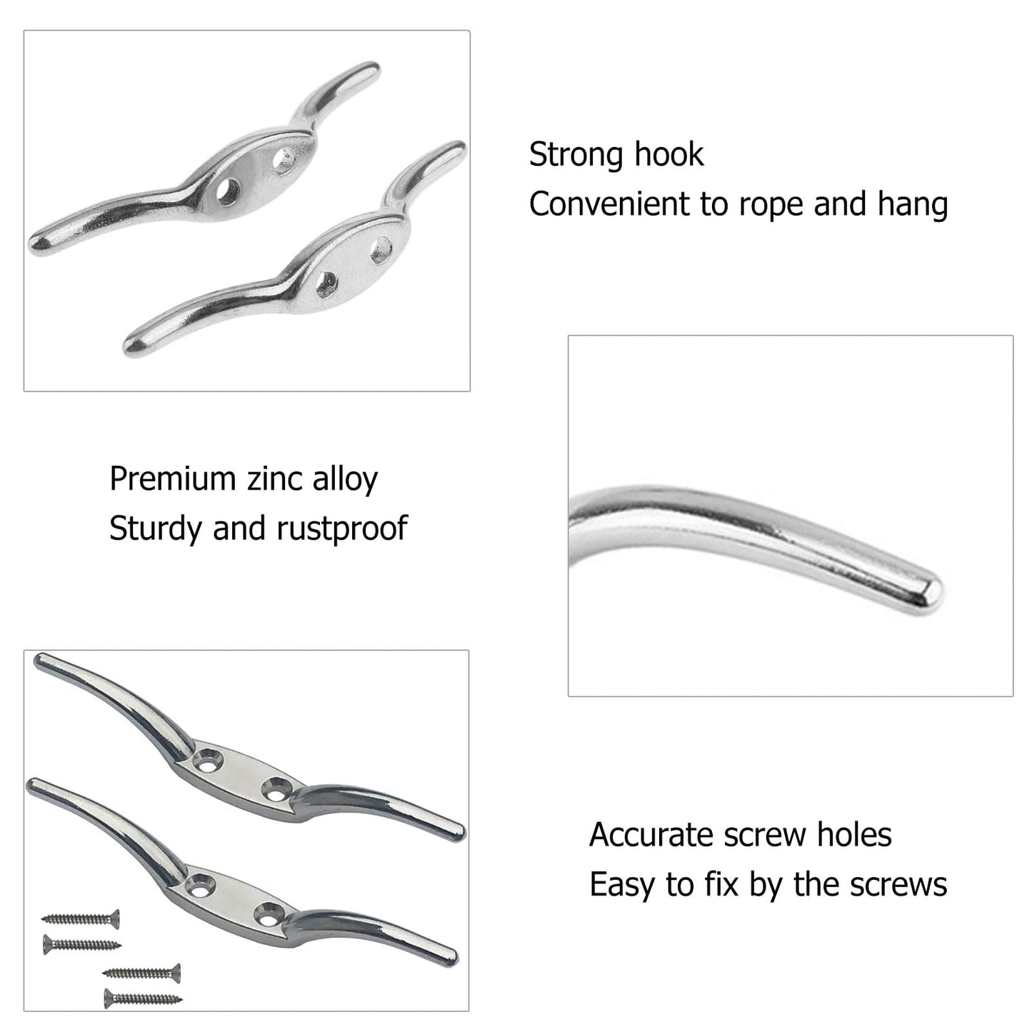 4 Piezas Cornamusa de Amarre,Barco de Gancho Acero Inoxidable para Yate Marino,Clip de Cuerda de Acero Inoxidable,Gancho de Cala para Cuerda,con Tornillos de Fijación y Tapones de Plástico,Plateado