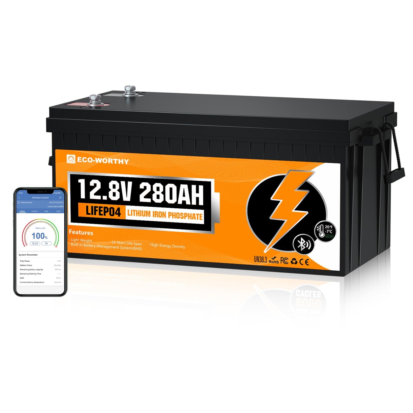 ECO-WORTHY Bateria Litio 12V 280Ah Bluetooth, Lifepo4 280Ah con BMS Protección de Baja Temperatura y MAX. 15000 Ciclos,3584Wh Batería de Coche para Autocaravana,Barco,Placa Solar,Caravana