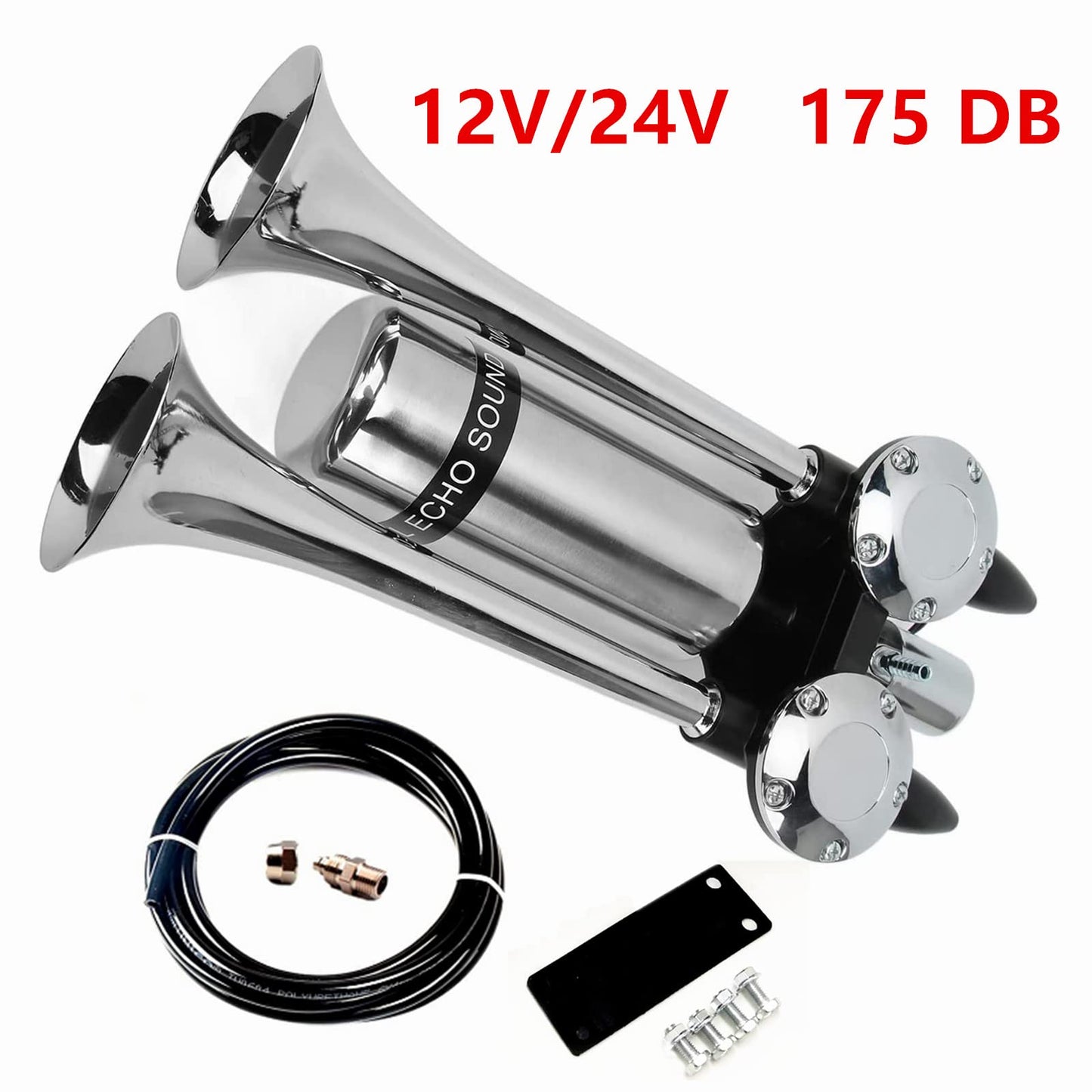 YIYIDA Bocina de coche Bocina de barco 175DB Air Horn Prolonga el sonido Bocina de doble tubo Bocina de aire Bocina de camión 304 tanque de gasolina plateado Car Horn para 24V 12V barco yate RV etc