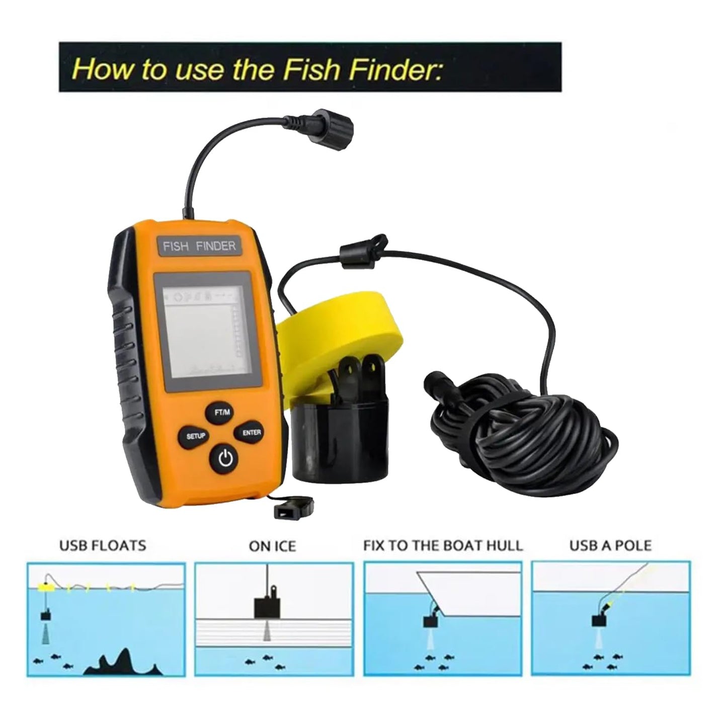 100 m sonar buscadores de peces 45 grados cobertura sonar eco sonda alarma transductor detector de pesca subacuática para pesca en el lago mar