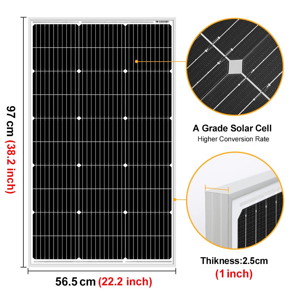 DOKIO Panel Solar 100W 12V Monocristalino Alta Eficiencia Robusto Ideal para Autocaravana, Vivienda de Jardín, Barco, Casa, Camping