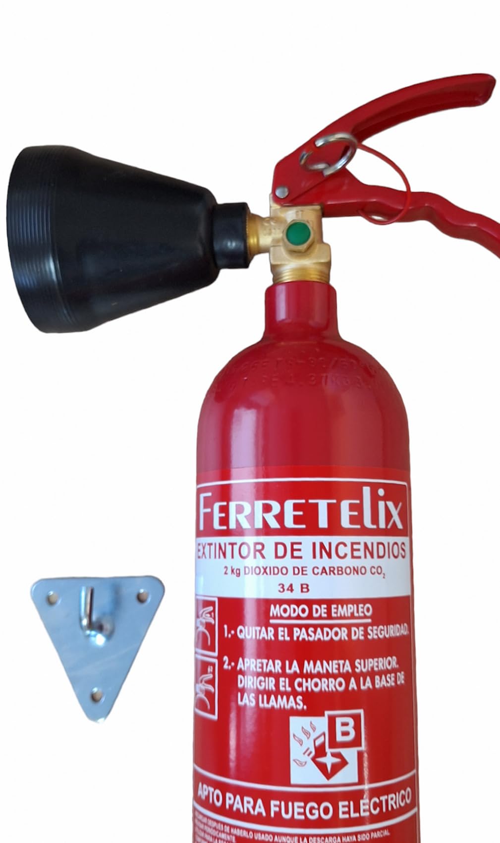 Ferretelix. Extintor CO2 2 kg dioxido de carbono ALTA EFICACIA 34B incluye soporte de pared (no deja residuos) FECHA DE FABRICACION 2024