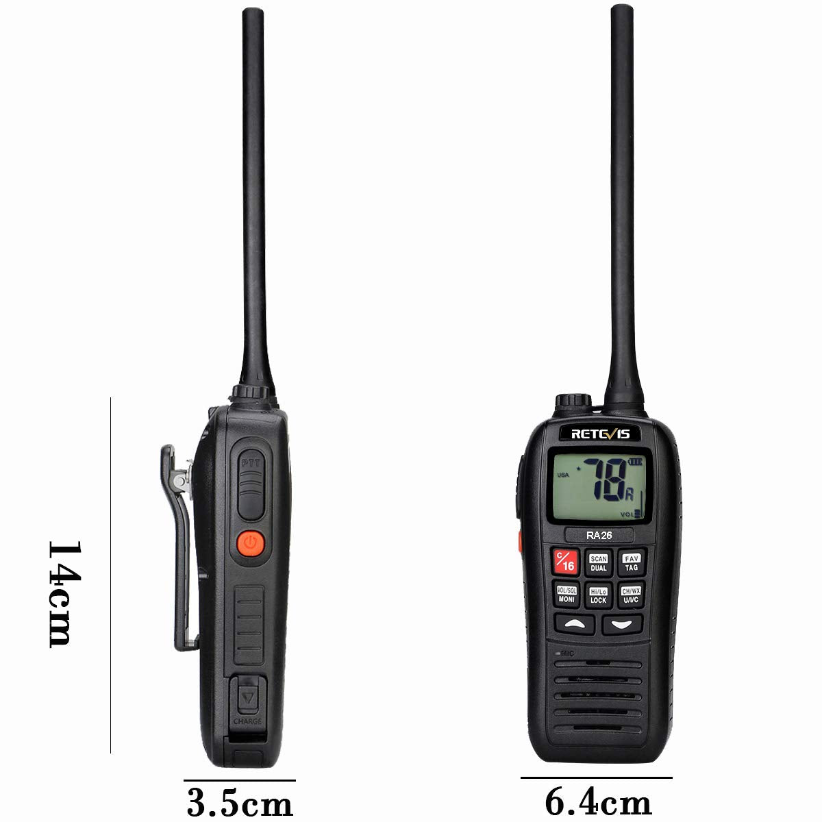 Retevis RA26 Marine Walkie Talkie, IP67 Impermeable Flotante, 88 Canales VHF, Escaneo de Monitor, Dual/Tri-Watch, Carga USB, Adecuado para Radio Internacional, Marina Radio de 2 Vías (1 Pieza) Negro