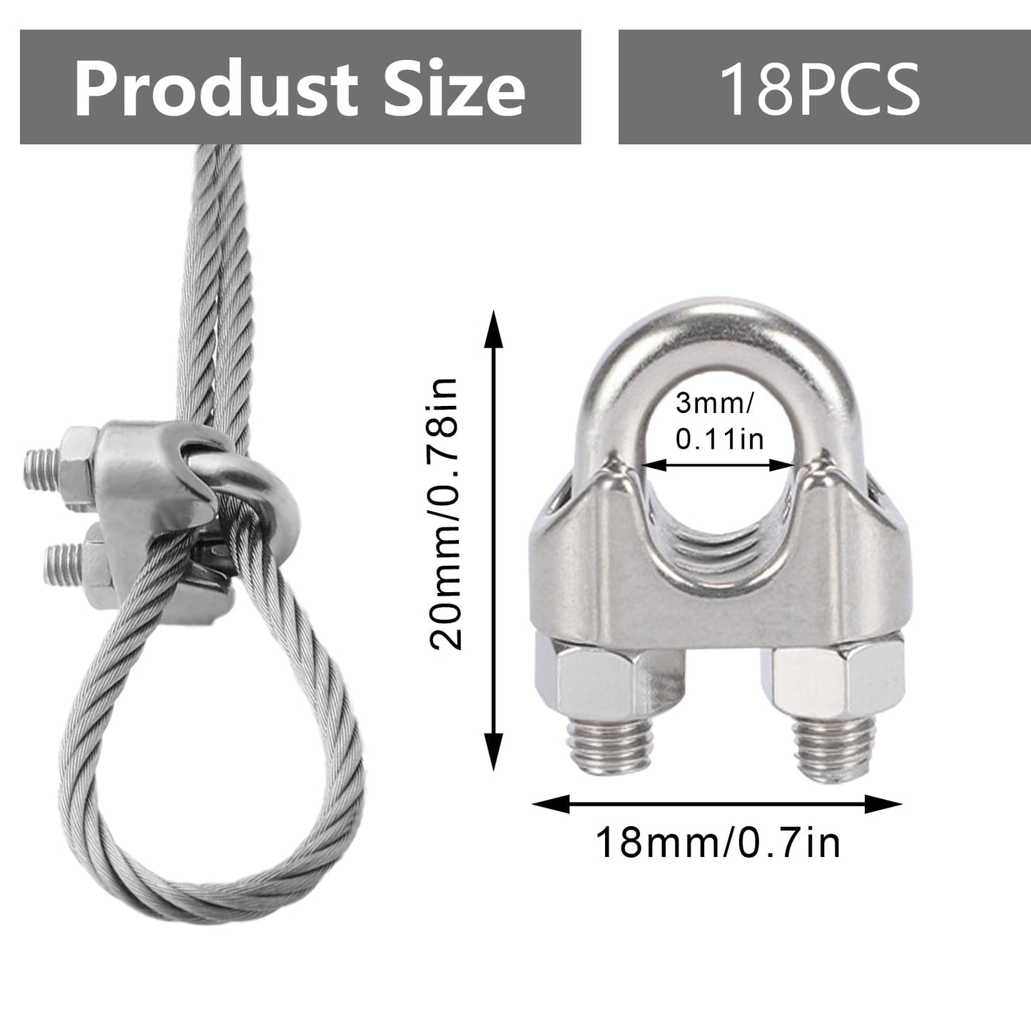 18 Piezas Abrazadera de Cable 3mm,M3 Abrazadera de Cuerda de Alambre, 3mm de Acero Inoxidable, Sujeta Cables, Tensor Cable Acero, Mosquetones Acero Inoxidable para Tendederos, Toldos, Cuerdas