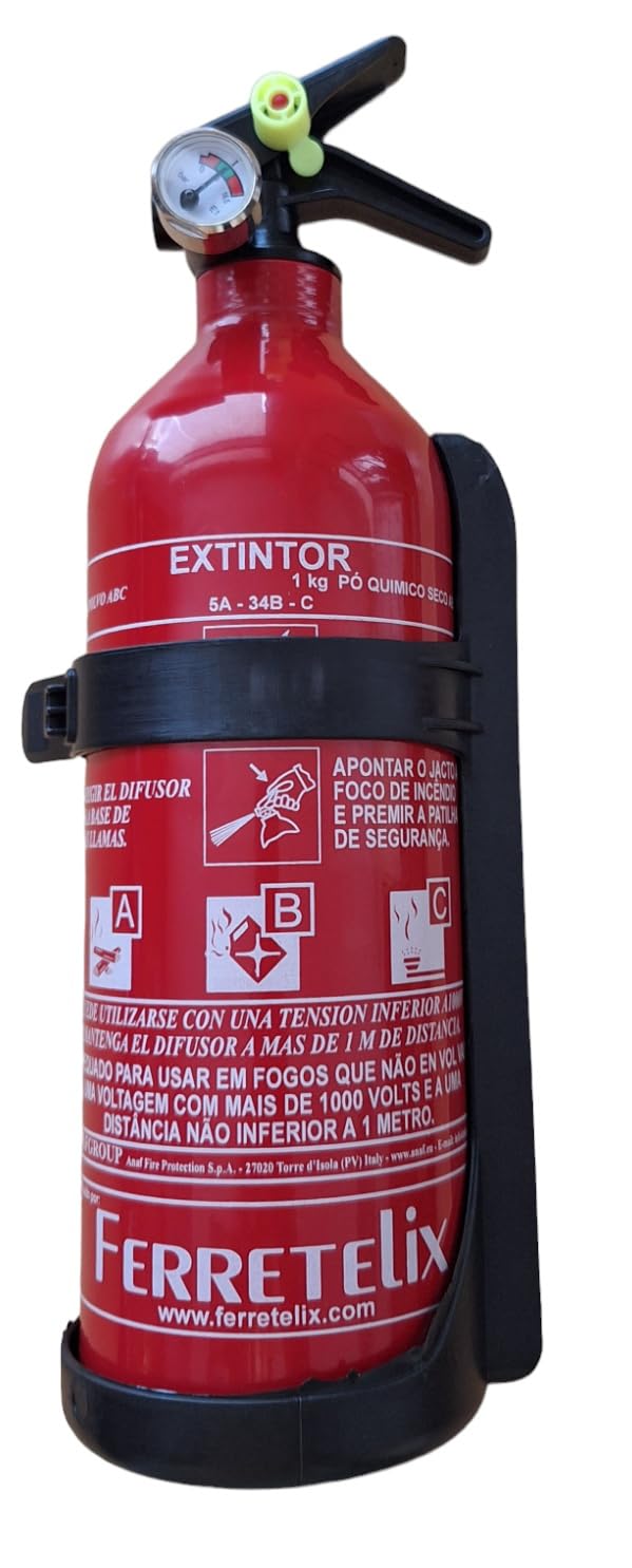 FERRETELIX® Extintor de 1 kg ABC con soporte de montaje, para automóvil, hogar, caravana, oficina, barbacoa, barco, Fecha de Fabricación 2024