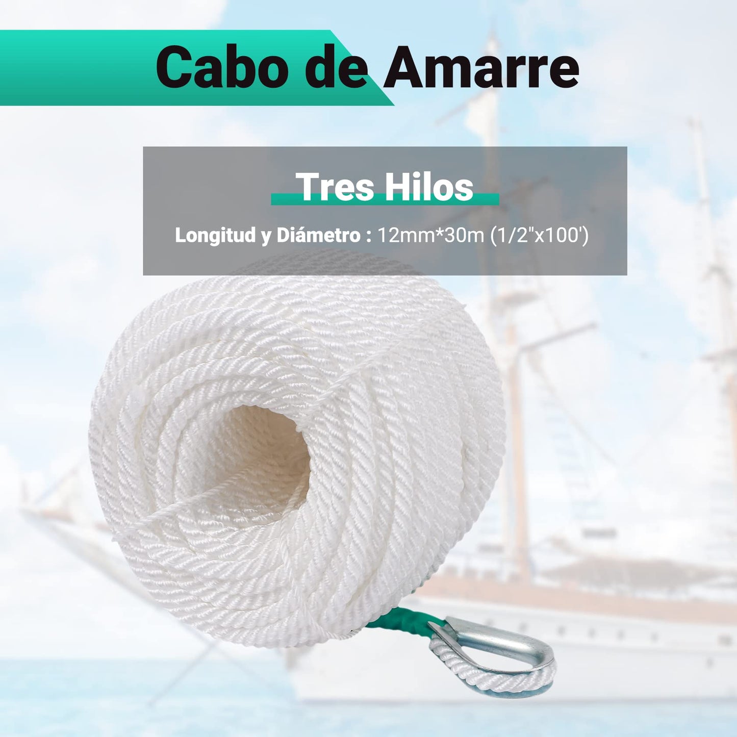 CarBole Cuerda para Barco, Cuerda de Nailon de 12mm x 30m para Escalada, Marinero, Barco de Pesca, Ancla de Barco, Amarre de Barco