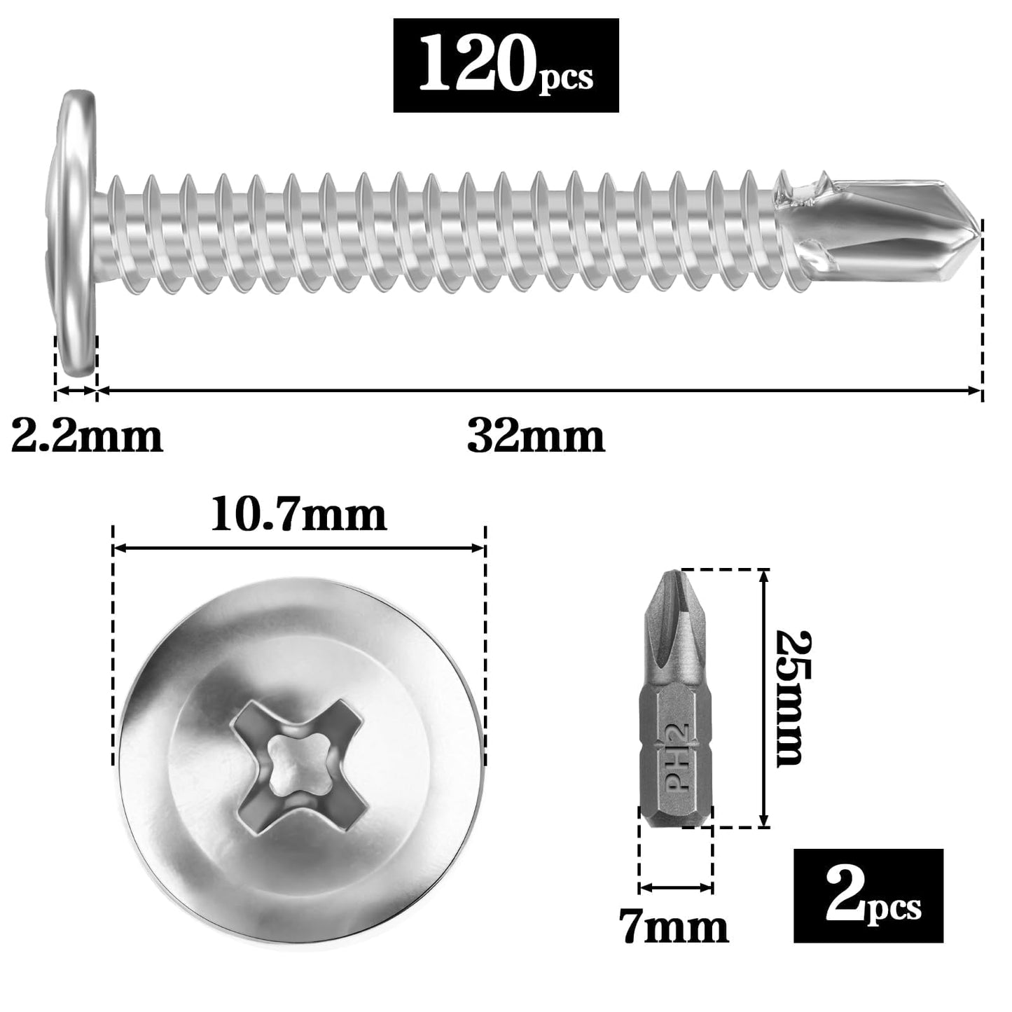 120 Piezas Tornillos Roscachapas 4.2 x 32MM Tornillos Autotaladrantes 410 Tornillos Acero Inoxidable Tornillo Roscachapa Tornillos Autorroscantes Cabeza Plana Tornillería Inox Panel Sandwich （Plata）