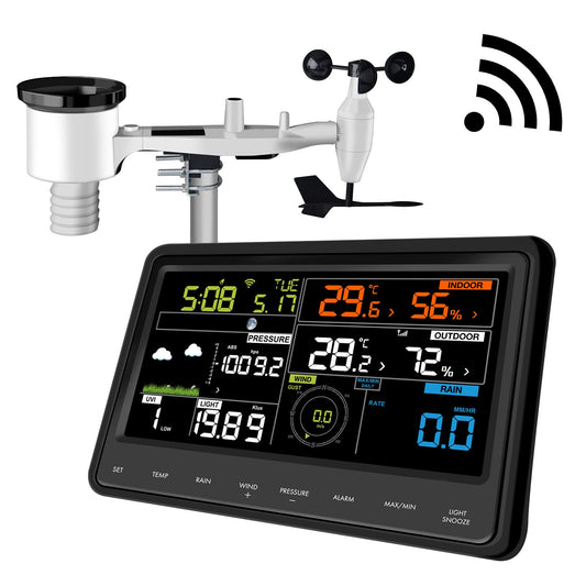 Ecowitt Estación meteorológica inalámbrica Wi-Fi - Estación meteorológica digital profesional con pantalla a color grande, sensor 7 en 1 para exteriores, sensor integrado para interiores, WS2910