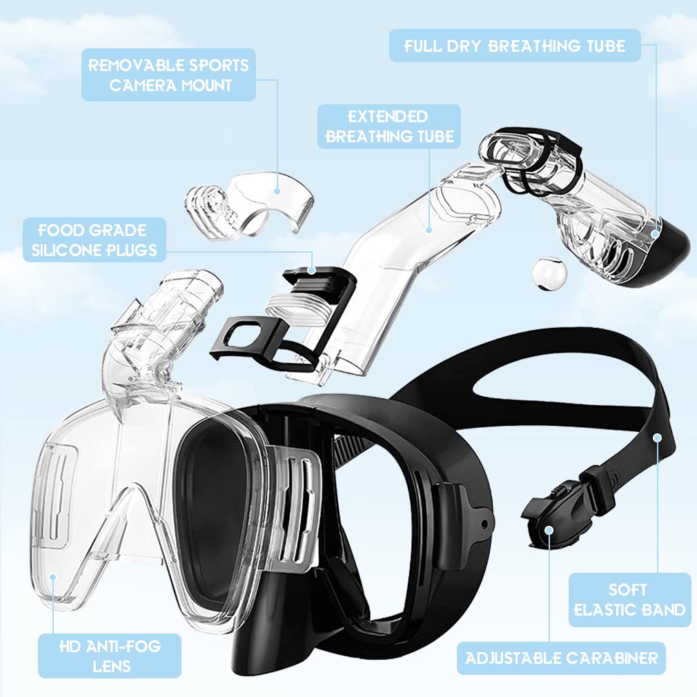 Opurtdor Dry Snorkelling Set Gafas de Buceo de Cristal Templado Gafas de Natación y Buceo 180° Panorámico Equipo de Snorkel Respiración Libre Gafas de Buceo para Hombres Adolescentes Mujeres