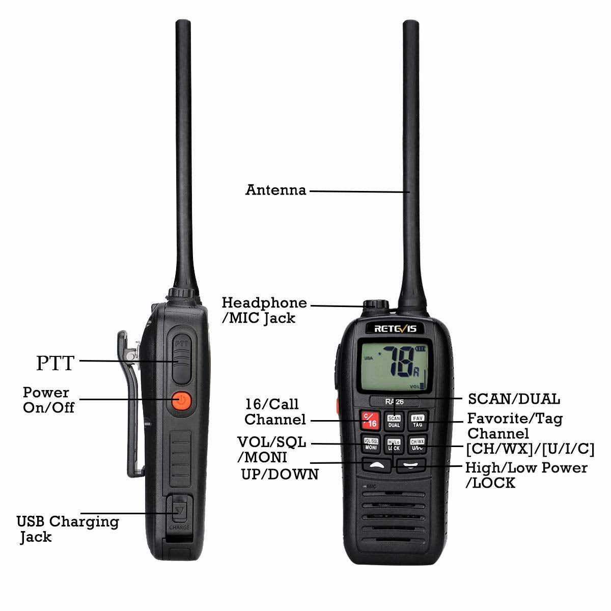 Retevis RA26 Marine Walkie Talkie, IP67 Impermeable Flotante, 88 Canales VHF, Escaneo de Monitor, Dual/Tri-Watch, Carga USB, Adecuado para Radio Internacional, Marina Radio de 2 Vías (1 Pieza) Negro