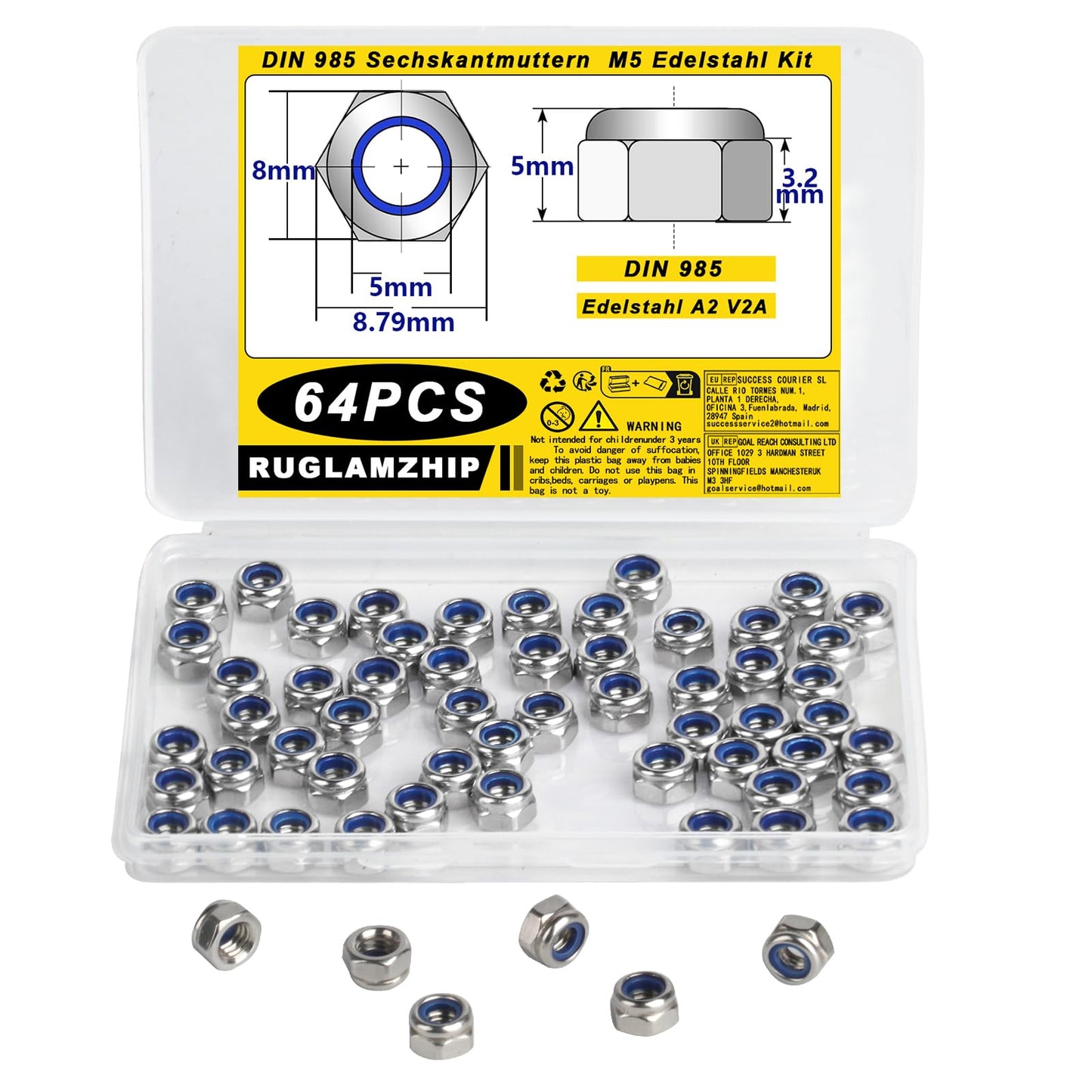 64 Piezas Tuercas M5, Tuercas Hexagonales de Acero Inoxidable A2 V2A, Tuercas Autoblocantes, DIN 985 Tuercas de Bloqueo de Nylon para Tornillos Pernos Roscados Inserciones Roscadas