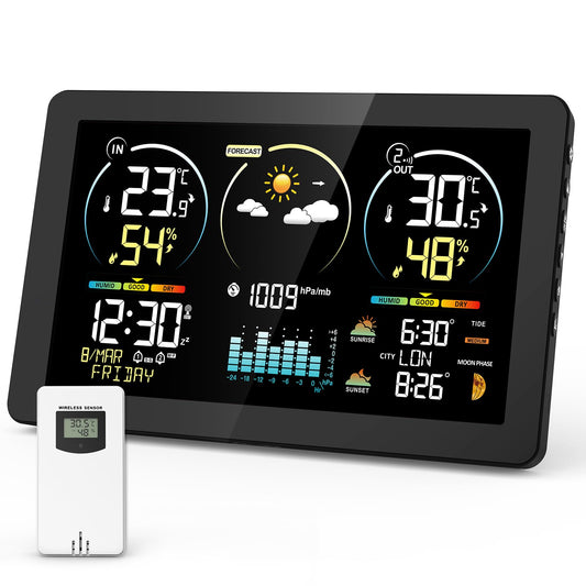 Estación Meteorológica con Sensor de Exterior, Termómetro Meteorológico Digital Inalámbrico con Pantalla a Color y Reloj DCF, Previsión Meteorológica con Luz de Fondo Ajustable y Calendario, Negro