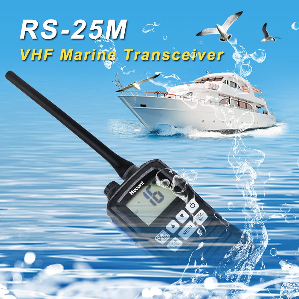 RS-25M VHF Radio marina impermeable IP-X7 156-162MHz banda profesional transceptor marino walkie talkie recargable 16 canales radio de mano bidireccional con cargador de batería para pesca en barco