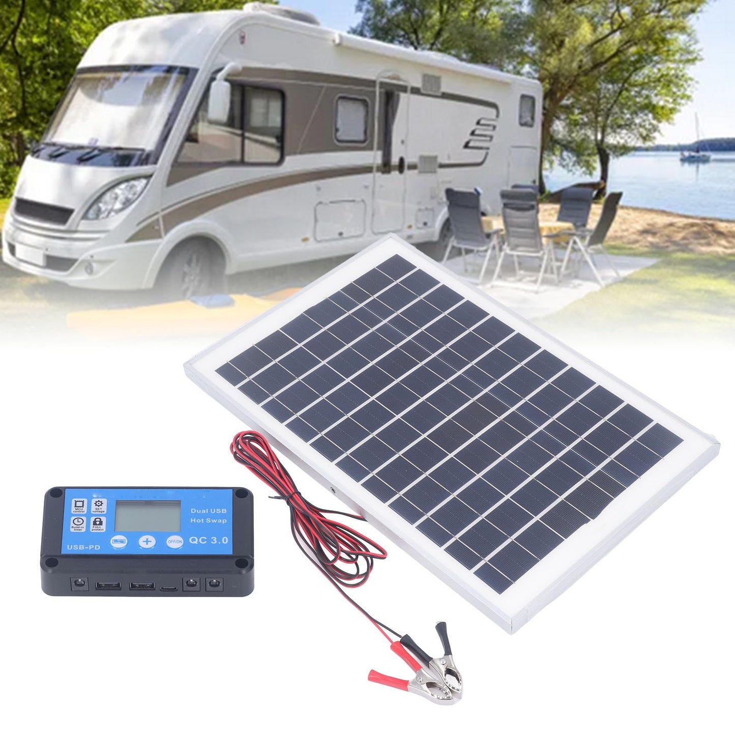 Kit de Panel Solar de 50W y 18V, con Controlador de Carga, Paneles solares portátiles para Exteriores, RV, Barco, Remolque, Camper