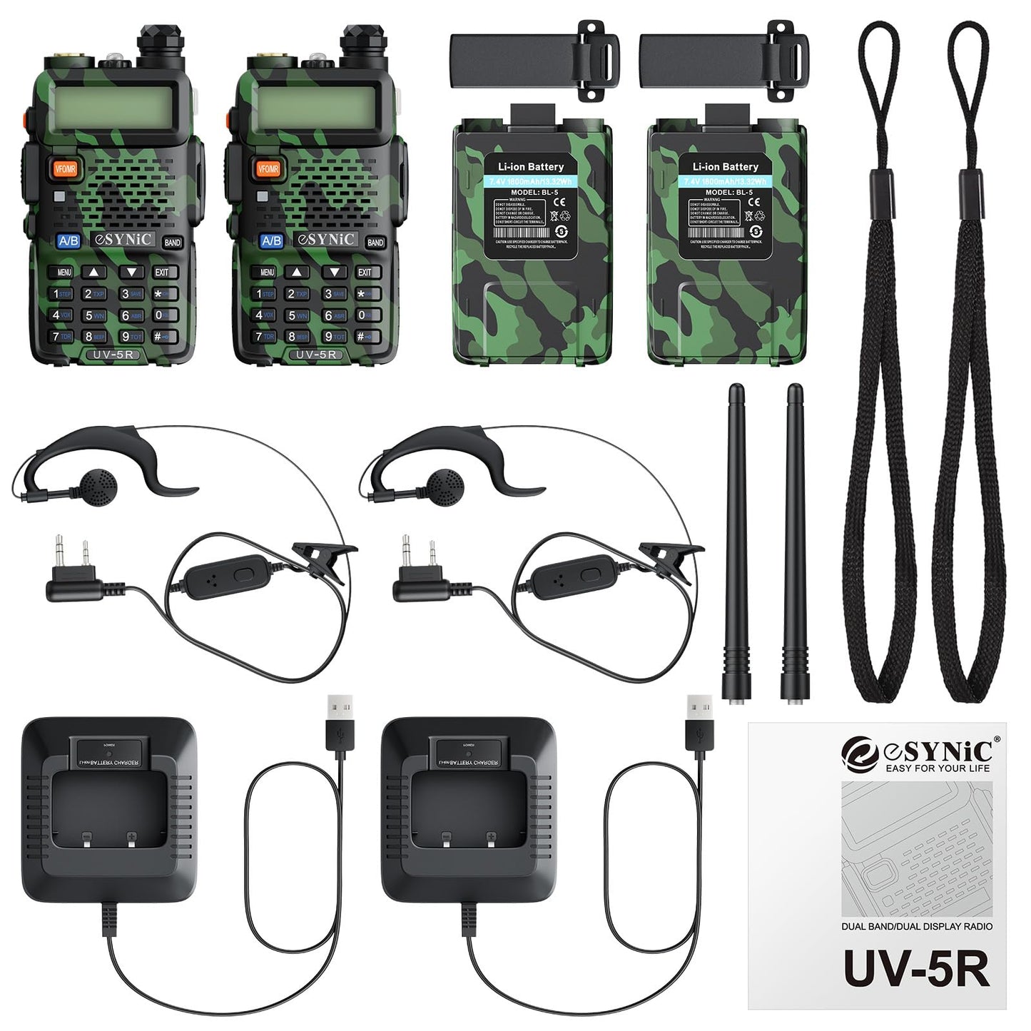 eSynic 2PCS UV-5R Walkie Talkie 128 Canales VOX Banda Dual VHF/UHF con Pantalla LED de Memoria con Explosión Parpadeo de Alarma Soporta VOX para Sitio de Construcción Hotel Adventure