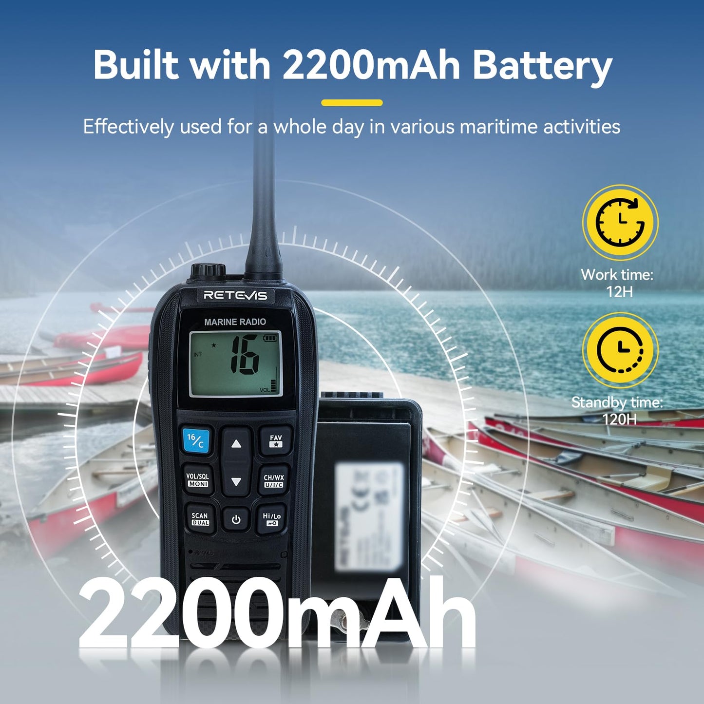 Retevis RM22 VHF Radio Marina, Walkie Talkie Impermeable IP67, Flotante, 2200 mAh, 88 Canales, Audio 900 MW, Radio Marina Bidireccional de Largo Alcance para Kayak, Pesca, Vela (Negro, 1 Pieza)