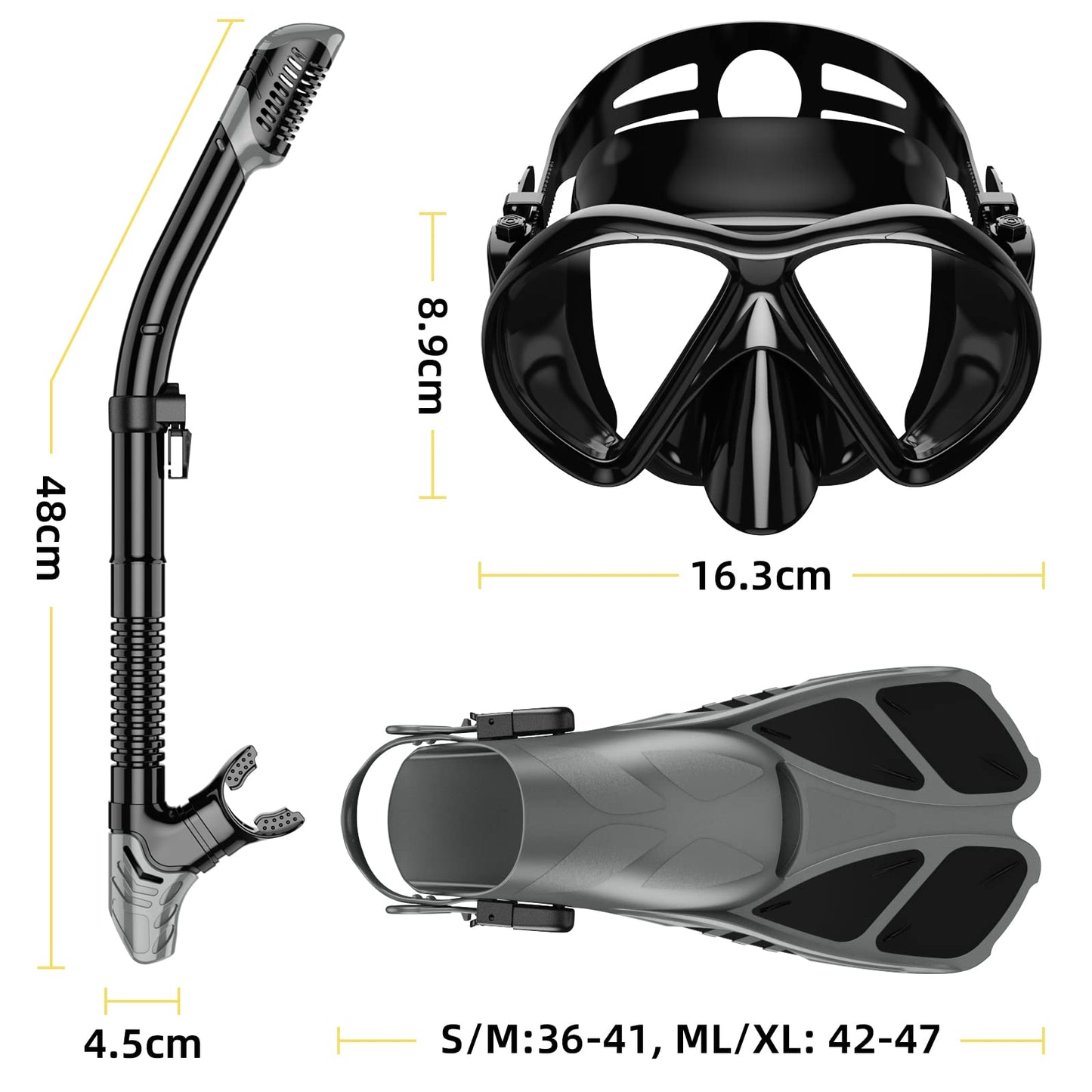 Smyidel Gafas de Buceo y Máscara de Buceo y Tubo y Aletas de Buceo, Snorkel Set para Adulto Juego de Aletas, Máscara y Aletas, Set de Snorkel para Mujeres Y Hombres